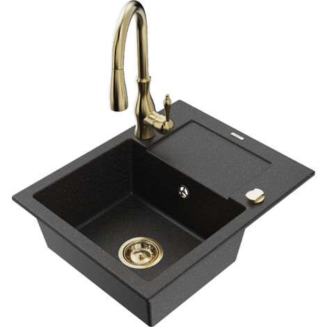 Mexen Enzo fregadero de granito de 1 compartimiento con escurridor y grifo de cocina Savita, negro/plateado met谩lico
