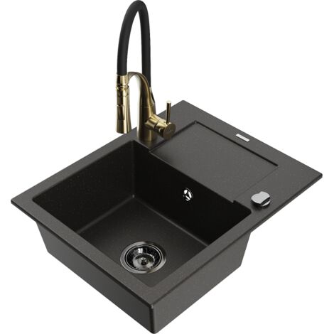 Mexen Enzo fregadero de granito de 1 cubeta con escurridor y grifo de cocina Aster, negro/dorado met谩lico - 6506-75-73450-57-B