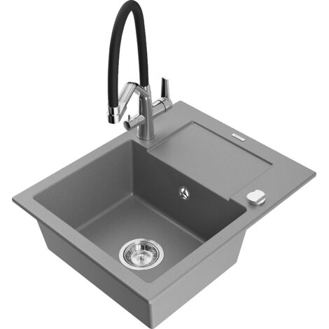 Mexen Enzo fregadero de granito de 1 cubeta con escurridor y grifo de cocina Duo, gris - 6506-71-671701-07