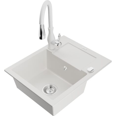 Mexen Enzo fregadero de granito de 1 cubeta con escurridor y grifo de cocina Savita, blanco - 6506-20-672601-20