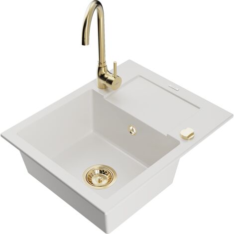 Mexen Enzo fregadero de granito de 1 cubeta con escurridor y grifo de cocina Telma, blanco - 6506-20-670200-50