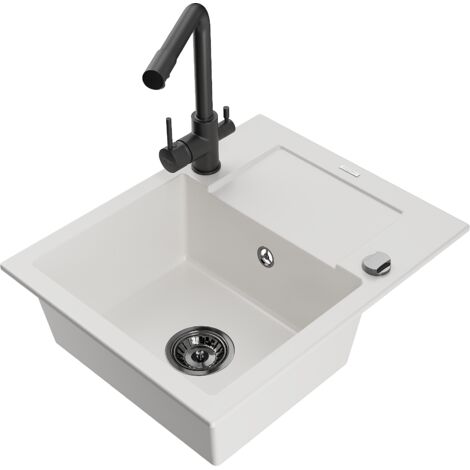 Mexen Enzo fregadero de granito de 1 seno con escurridor y grifo de cocina Duero, blanco - 6506-20-671600-70