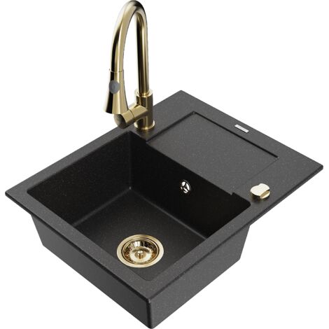 Mexen Enzo fregadero de granito de 1 seno con escurridor y grifo de cocina Elia, negro/plateado met谩lico - 6506-73-670101-50
