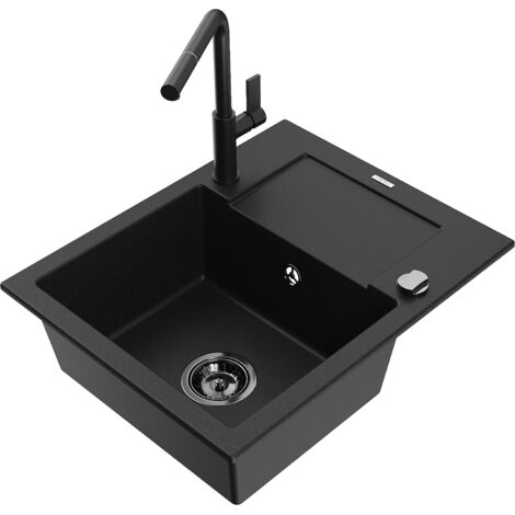 Mexen Enzo fregadero de granito de 1 seno con escurridor y grifo de cocina Flora, negro - 6506-77-670401-70-B