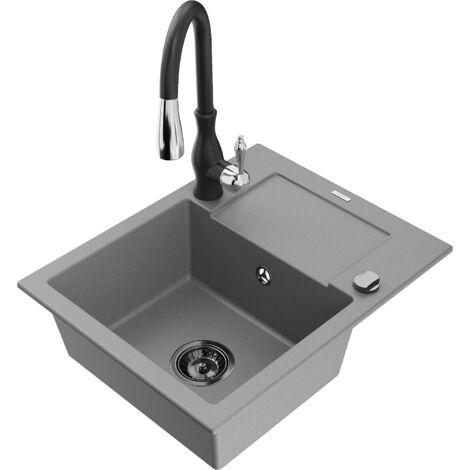 Mexen Enzo fregadero de granito de 1 taz贸n con escurridor y grifo de cocina Savita, gris - 6506-71-672601-70-B