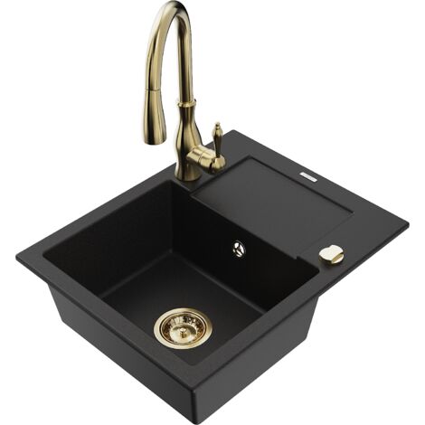 Mexen Enzo fregadero de granito de 1 taz贸n con escurridor y grifo de cocina Savita, negro - 6506-77-672601-50