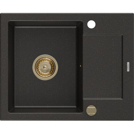 Mexen Enzo Granitspüle mit einem Becken und einer Abtropffläche 576 x 465 mm, Schwarz/Gold metallisc