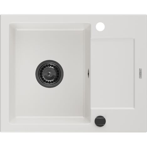 Mexen Enzo Granitspüle mit einem Becken und einer Abtropffläche 576 x 465 mm, Weiß, Siphon Schwarz -
