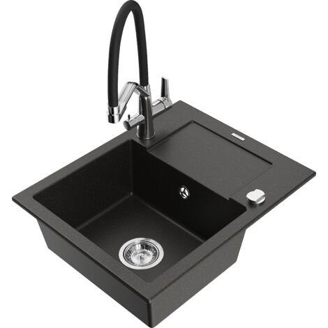 Mexen Enzo lavello da cucina in granito 1 vasca con gocciolatoio e miscelatore Duo, nero/oro metallico - 6506-75-671701-07