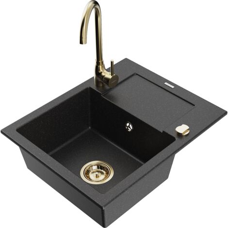 Mexen Enzo lavello da cucina in granito 1-vasca con scolapiatti e rubinetto da cucina Telma, nero/argento - 6506-73-670200-50