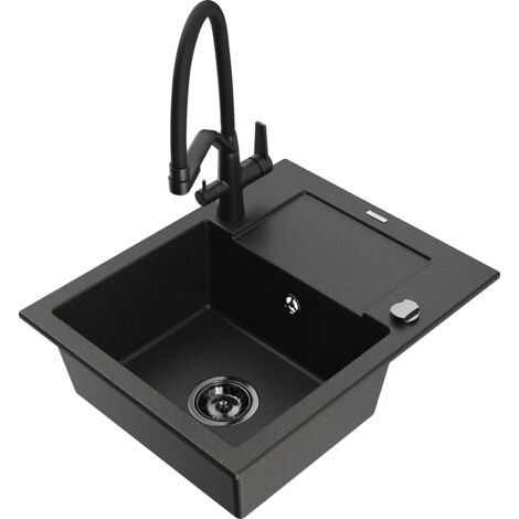 Mexen Enzo lavello da cucina in granito 1-vasca con scolapiatti e rubinetto Duo, nero/oro metallizzato - 6506-75-671701-70-B