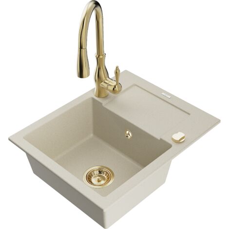 Mexen Enzo lavello da cucina in granito 1-vasca con sgocciolatoio e rubinetto da cucina Savita, beige - 6506-69-672601-50