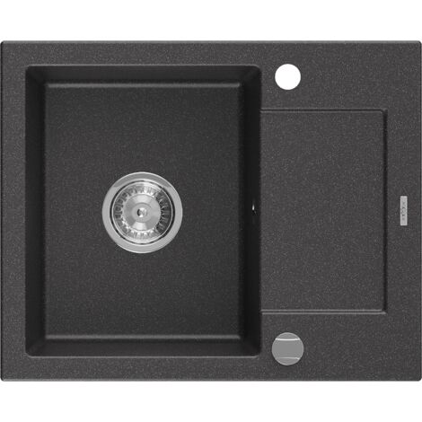 Mexen Enzo lavello da cucina in granito a 1 vasca con sgocciolatoio 576 x 465 mm, nero maculato, sifone cromato - 6506571005-76