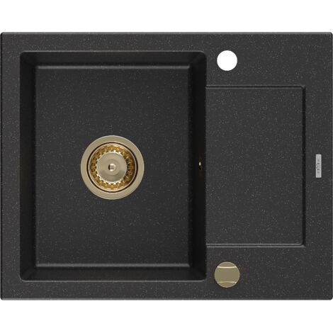Mexen Enzo lavello in granito 1 vasca con scolapiatti 576 x 465 mm, nero/argento metallizzato, sifone dorato - 6506571005-73-G