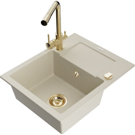 Mexen Enzo lavello in granito 1-vasca con scolapiatti e rubinetto da cucina Duero, beige - 6506-69-671600-50