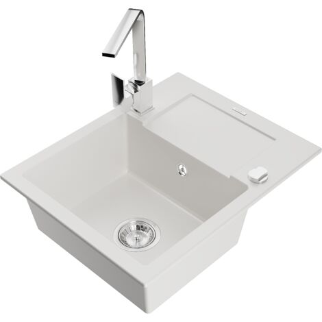 Mexen Enzo lavello in granito 1-vasca con scolapiatti e rubinetto da cucina Rita, bianco - 6506-20-670300-00
