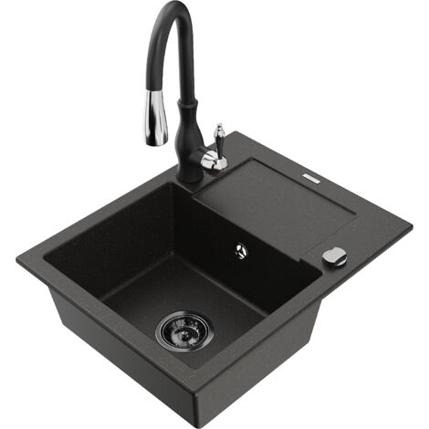Mexen Enzo lavello in granito 1-vasca con scolapiatti e rubinetto da cucina Savita, nero/oro metallico - 6506-75-672601-70-B