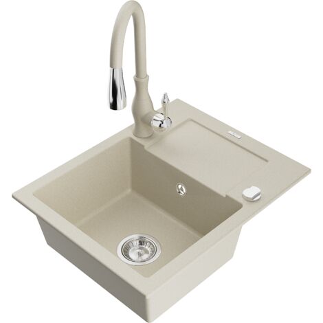Mexen Enzo lavello in granito 1-vasca con sgocciolatoio e rubinetto da cucina Savita, beige - 6506-69-672601-69