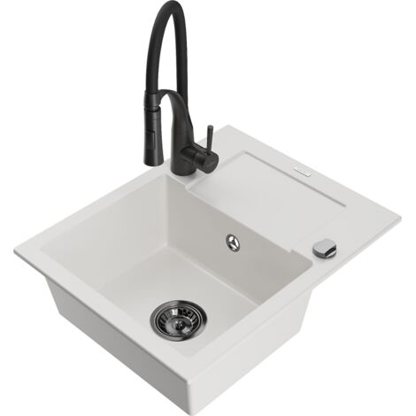 Mexen Enzo lavello in granito a 1 vasca con gocciolatoio e miscelatore cucina Aster, bianco - 6506-20-73450-70-B