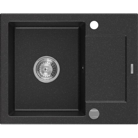 Mexen Enzo lavello in granito a 1 vasca con scolapiatti 576 x 465 mm, nero/argento metallizzato, sifone cromato - 6506571005-73