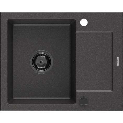 Mexen Enzo lavello in granito a 1 vasca con scolapiatti 576 x 465 mm, nero maculato, sifone nero - 6506571005-76-B