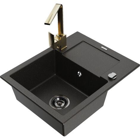 Mexen Enzo lavello in granito a 1 vasca con scolapiatti e miscelatore da cucina Rita, nero/oro metallico - 6506-75-670300-50-B