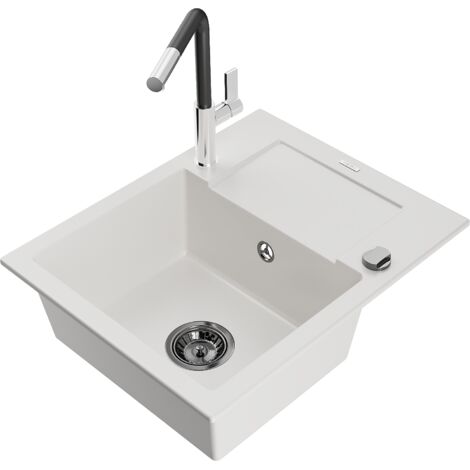 Mexen Enzo lavello in granito a 1 vasca con scolapiatti e miscelatore Flora, bianco - 6506-20-670401-07-B