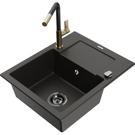 Mexen Enzo lavello in granito a 1 vasca con sgocciolatoio e miscelatore da cucina Flora, nero/oro metallizzato