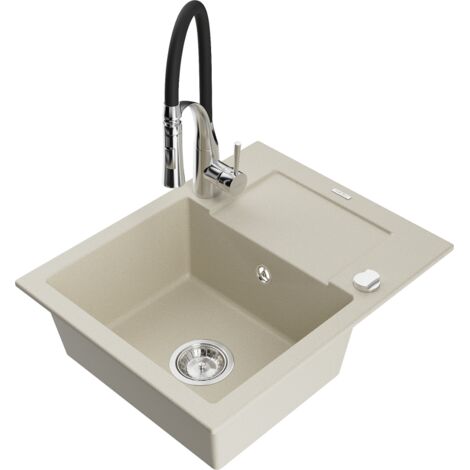 Mexen Enzo lavello in granito a 1 vasca con sgocciolatoio e rubinetto da cucina Aster, beige - 6506-69-73450-07