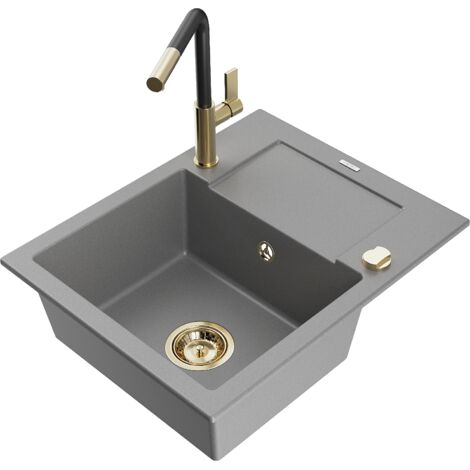 Mexen Enzo lavello in granito a 1 vasca con sgocciolatoio e rubinetto da cucina Flora, grigio - 6506-71-670401-57-G