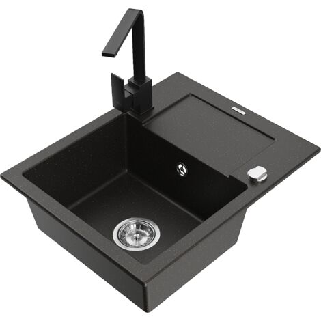 Mexen Enzo lavello in granito a 1 vasca con sgocciolatoio e rubinetto da cucina Rita, nero/oro metallizzato - 6506-75-670300-70