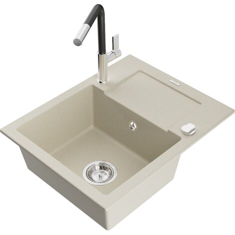 Mexen Enzo lavello in granito ad 1 vasca con gocciolatoio e rubinetto da cucina Flora, beige - 6506-69-670401-07