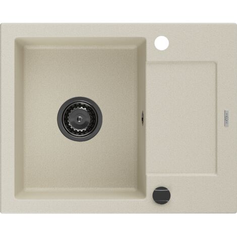 Mexen Enzo lavello in granito monovasca con sgocciolatoio 576 x 465 mm, beige, sifone nero - 6506571005-69-B
