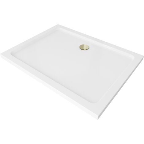 Mexen Flat plato de ducha rectangular slim 110 x 70 cm, blanco, sif贸n dorado - 40107011G
