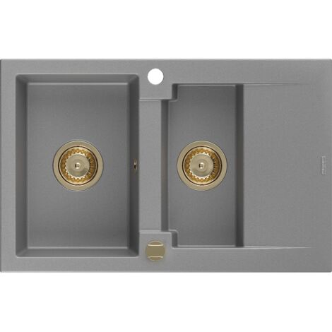 Mexen Gaspar 1,5-Becken-Granitspüle mit Abtropffläche 737 x 475 mm, Grau, Siphon Gold - 6507731505-7