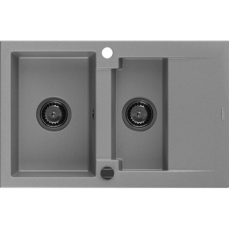 Mexen Gaspar 1,5-Becken-Granitspüle mit Abtropffläche 737 x 475 mm, Grau, Siphon Schwarz - 650773150