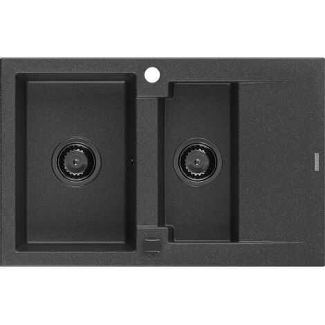 Mexen Gaspar 1,5-Becken-Granitspüle mit Abtropffläche 737 x 475 mm, Schwarz gesprenkelt, Siphon Schw