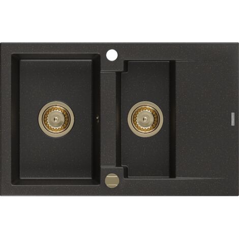 Mexen Gaspar 1,5-Becken-Granitspüle mit Abtropffläche 737 x 475 mm, Schwarz/Gold metallisch, Siphon