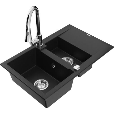 Mexen Gaspar 1,5-Becken-Granitspüle mit Abtropffläche und Mischbatterie Elia, Schwarz - 6507-77-6701