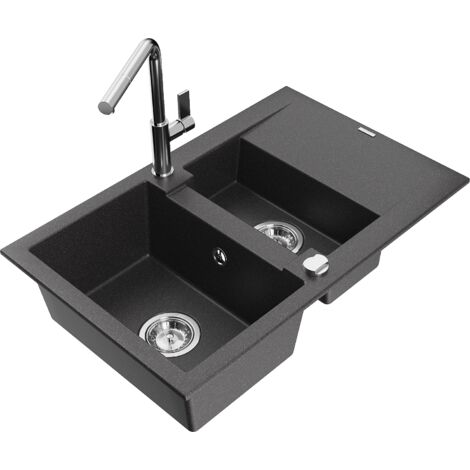 Mexen Gaspar 1,5-Becken-Granitspüle mit Abtropffläche und Mischbatterie Flora, Schwarz gesprenkelt -