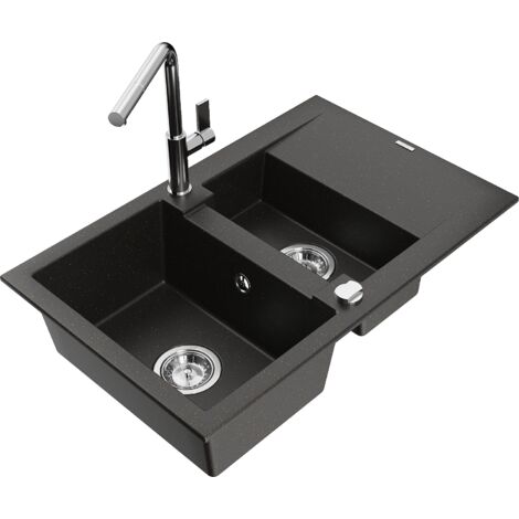Mexen Gaspar 1,5-Becken-Granitspüle mit Abtropffläche und Mischbatterie Flora, Schwarz/Gold metallis