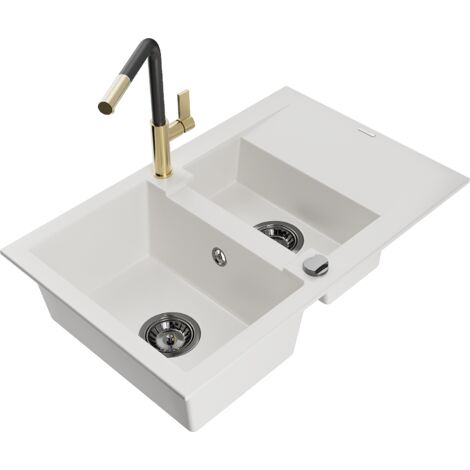 Mexen Gaspar 1,5-Becken-Granitspüle mit Abtropffläche und Mischbatterie Flora, Weiß - 6507-20-670401