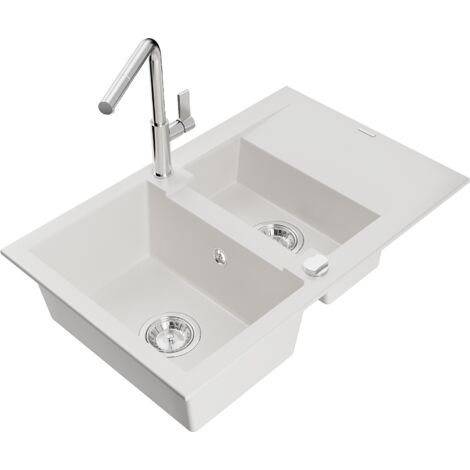 Mexen Gaspar 1,5-Becken-Granitspüle mit Abtropffläche und Mischbatterie Flora, Weiß - 6507-20-670401