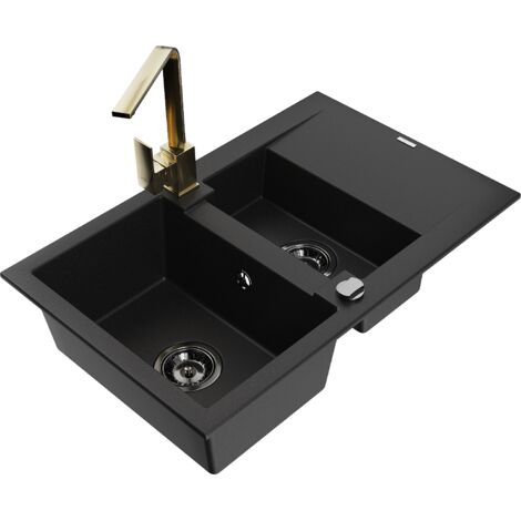 Mexen Gaspar 1,5-Becken-Granitspüle mit Abtropffläche und Mischbatterie Rita, Schwarz - 6507-77-6703