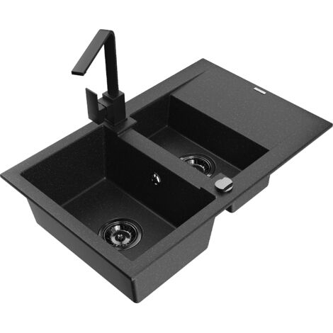 Mexen Gaspar 1,5-Becken-Granitspüle mit Abtropffläche und Mischbatterie Rita, Schwarz/Silber - 6507-