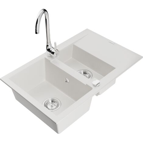 Mexen Gaspar 1,5-Becken-Granitspüle mit Abtropffläche und Mischbatterie Telma, Weiß - 6507-20-670200