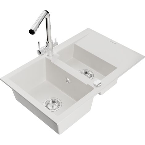 Mexen Gaspar évier en granit 1,5 bac avec égouttoir et robinet de cuisine Duero, blanc - 6507-20-671600-00