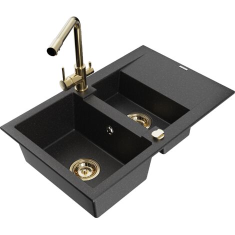 Mexen Gaspar évier en granit 1,5 bac avec égouttoir et robinet de cuisine Duero, noir/argent - 6507-73-671600-50