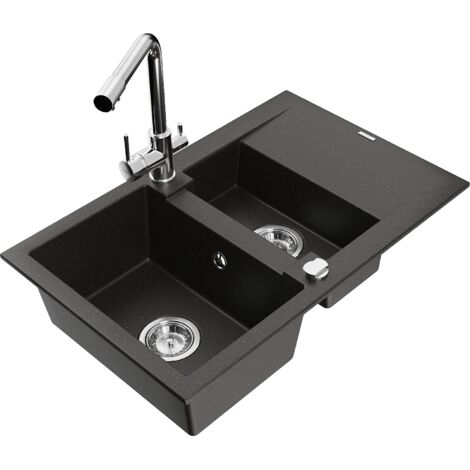 Mexen Gaspar évier en granit 1,5 bac avec égouttoir et robinet de cuisine Duero, noir/doré métallique - 6507-75-671600-00