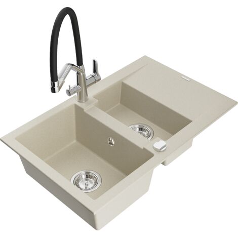Mexen Gaspar évier en granit 1,5-bac avec égouttoir et robinet de cuisine Duo, beige - 6507-69-671701-07